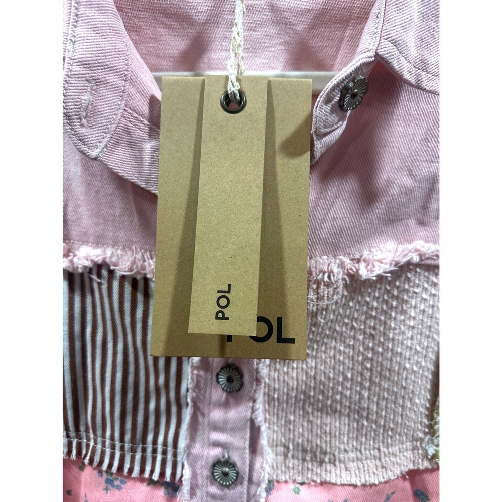 POL Pink Patchwork Denim Shirt Jacket Floral Striped Shacket YKT1274 Small - Picture 3 of 7